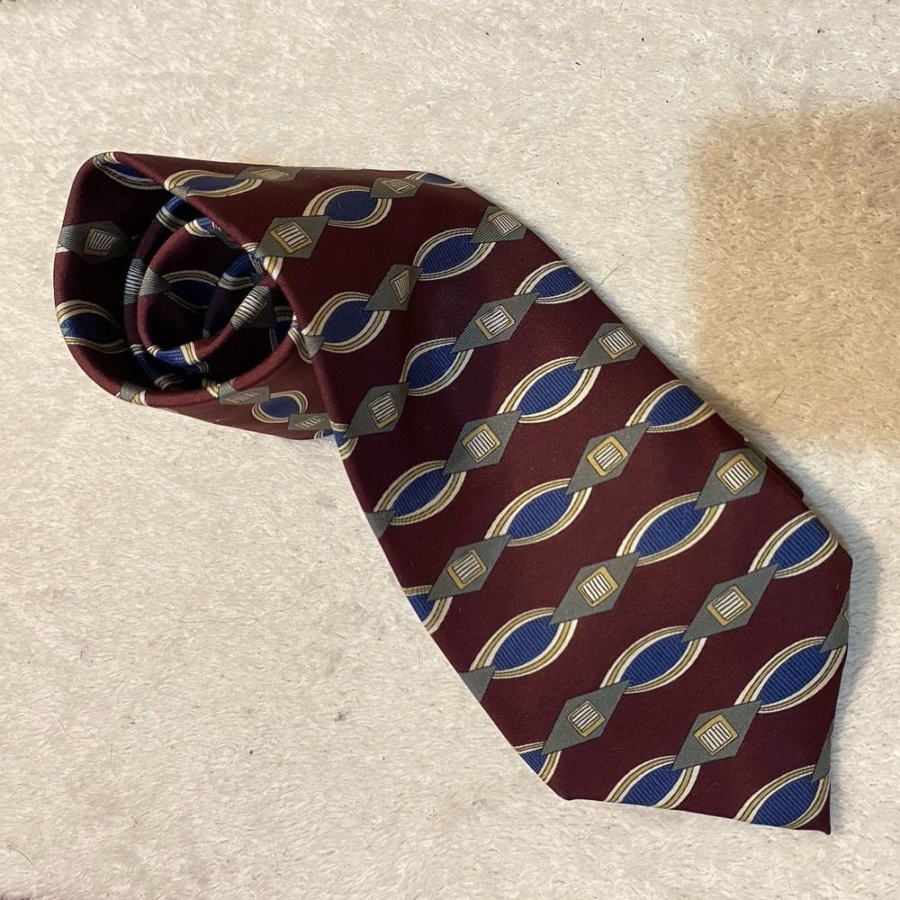 Dior Burgundy Silk Tie with Blue and Gold Geometric Pattern